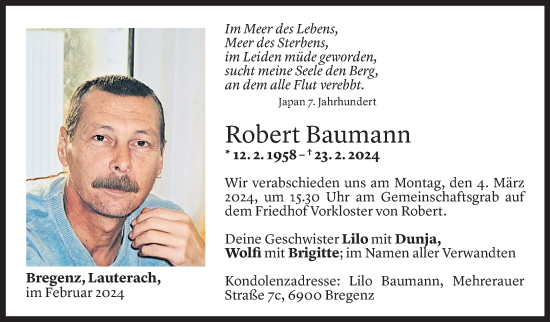 Todesanzeige von Robert Baumann von Vorarlberger Nachrichten