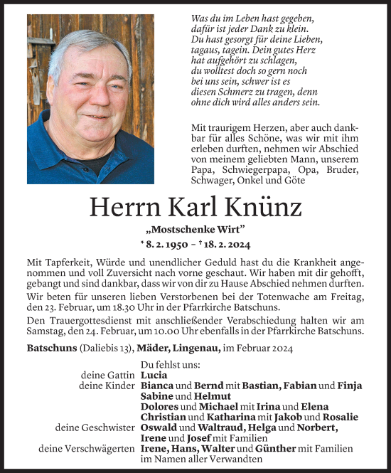 Todesanzeige von Karl Knünz von Vorarlberger Nachrichten