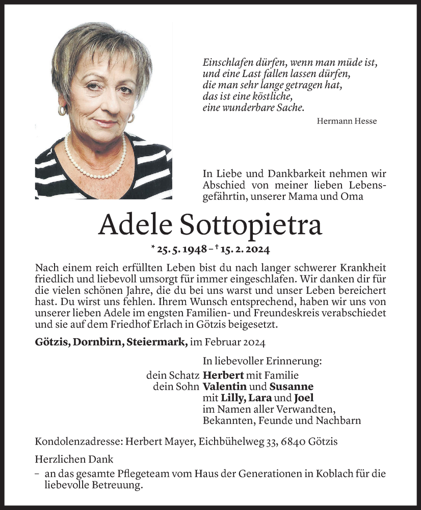  Todesanzeige für Adele Sottopietra vom 23.02.2024 aus Vorarlberger Nachrichten