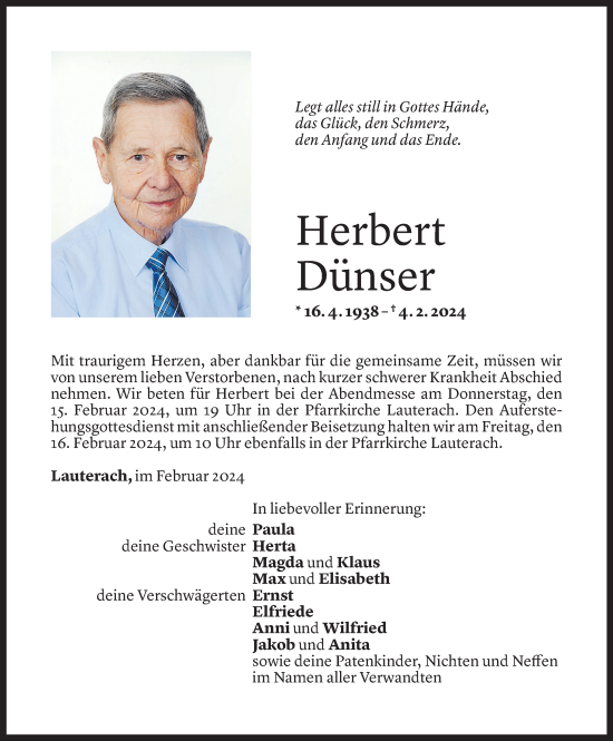 Todesanzeige von Herbert Dünser von Vorarlberger Nachrichten