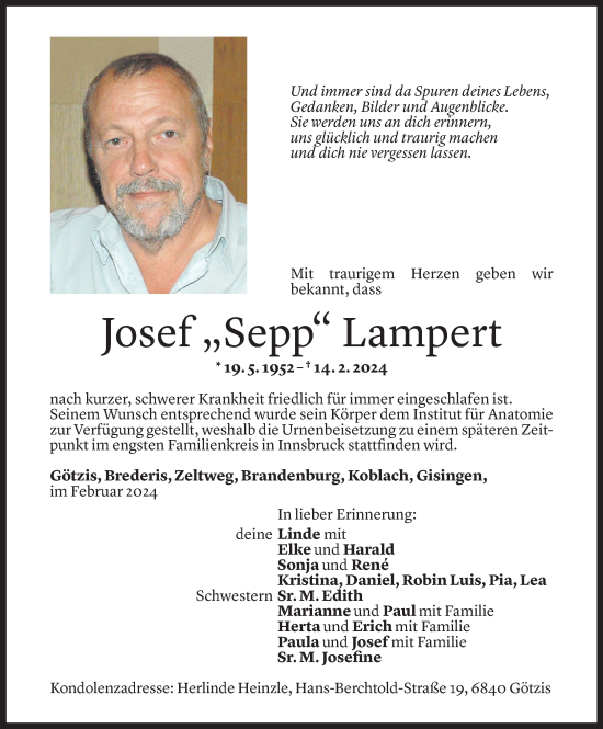 Todesanzeige von Josef Lampert von Vorarlberger Nachrichten