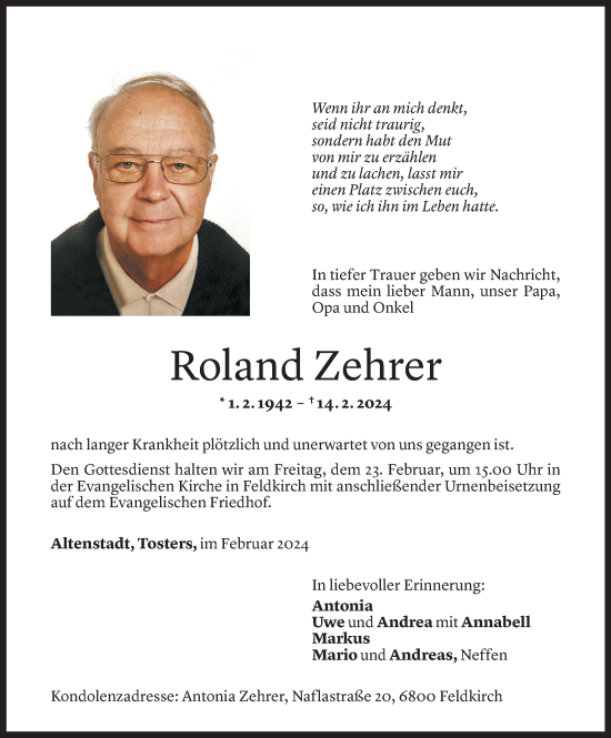 Todesanzeige von Roland Zehrer von Vorarlberger Nachrichten