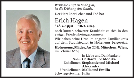 Todesanzeige von Erich Hagen von Vorarlberger Nachrichten
