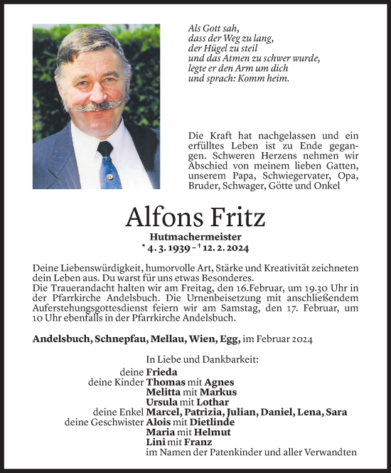 Todesanzeige von Alfons Fritz von Vorarlberger Nachrichten
