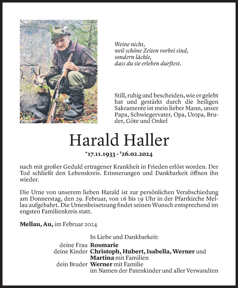  Todesanzeige für Harald Haller vom 28.02.2024 aus Vorarlberger Nachrichten