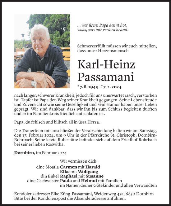 Todesanzeige von Karl-Heinz Passamani von Vorarlberger Nachrichten