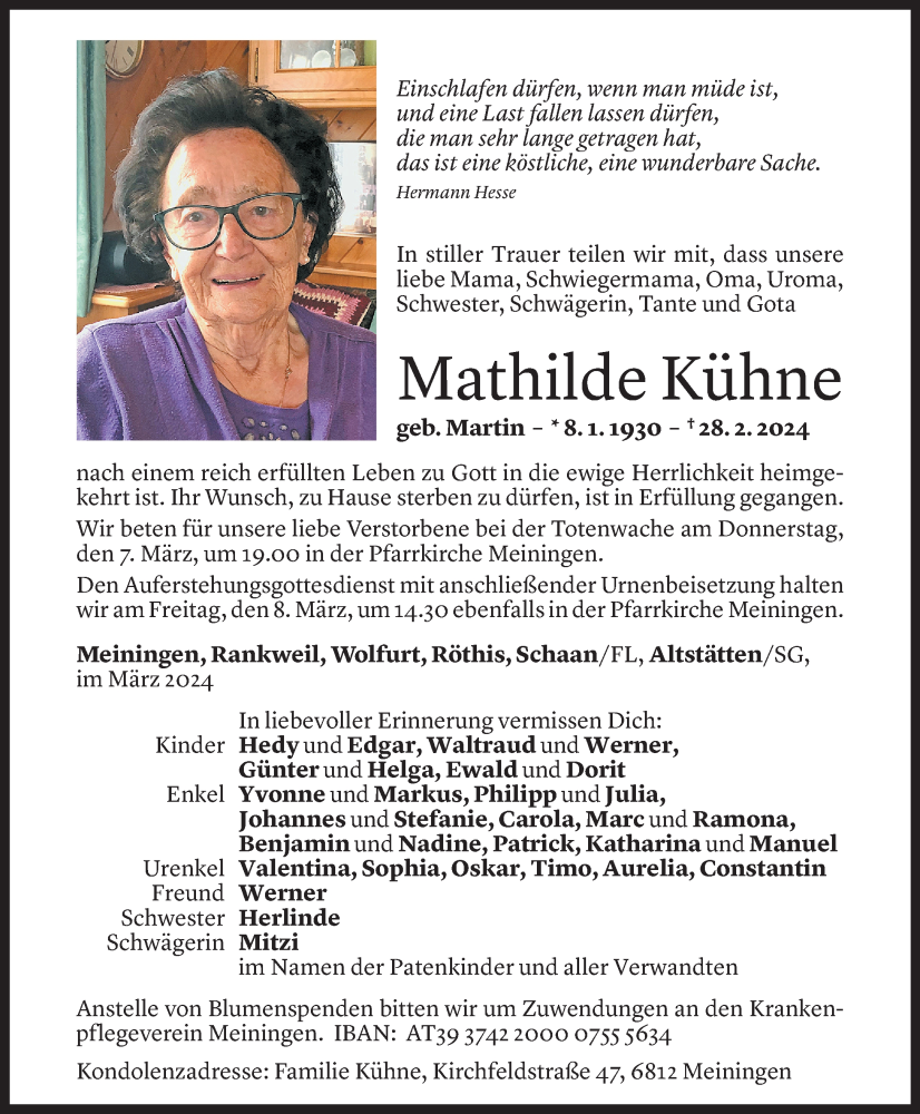  Todesanzeige für Mathilde Kühne vom 04.03.2024 aus Vorarlberger Nachrichten