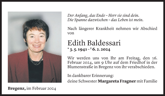 Todesanzeige von Edith Baldessari von Vorarlberger Nachrichten