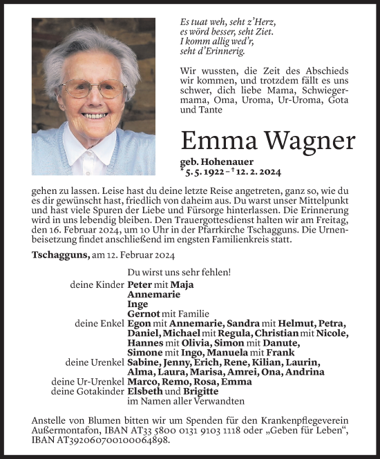 Todesanzeige von Emma Wagner von Vorarlberger Nachrichten