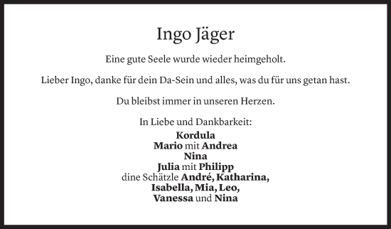 Todesanzeige von Ingo Werner Jäger von Vorarlberger Nachrichten