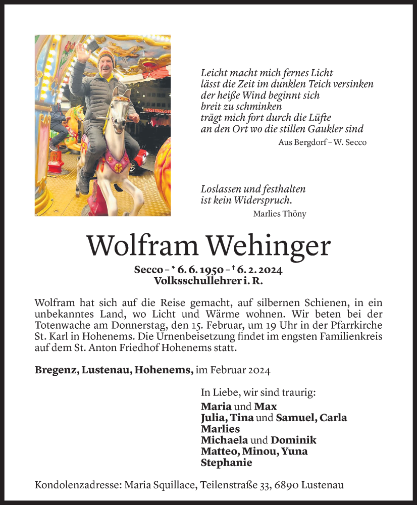  Todesanzeige für Wolfram Wehinger vom 09.02.2024 aus Vorarlberger Nachrichten