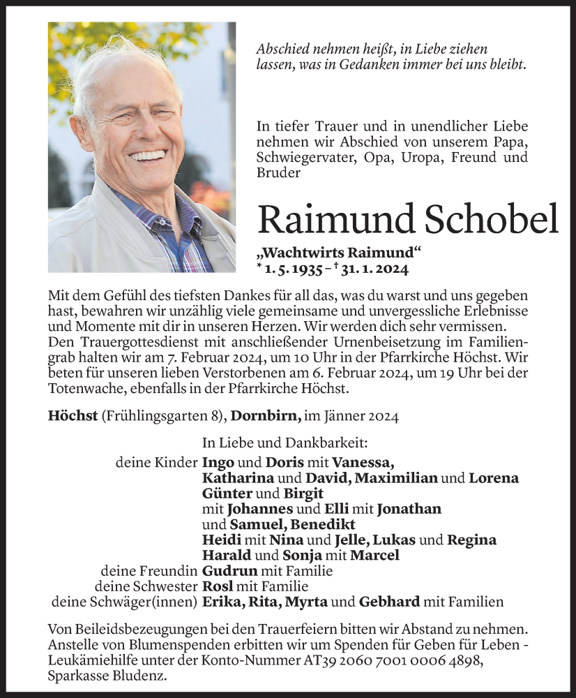  Todesanzeige für Raimund Schobel vom 02.02.2024 aus Vorarlberger Nachrichten