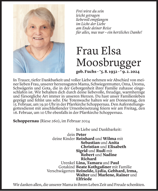 Todesanzeige von Elsa Moosbrugger von Vorarlberger Nachrichten
