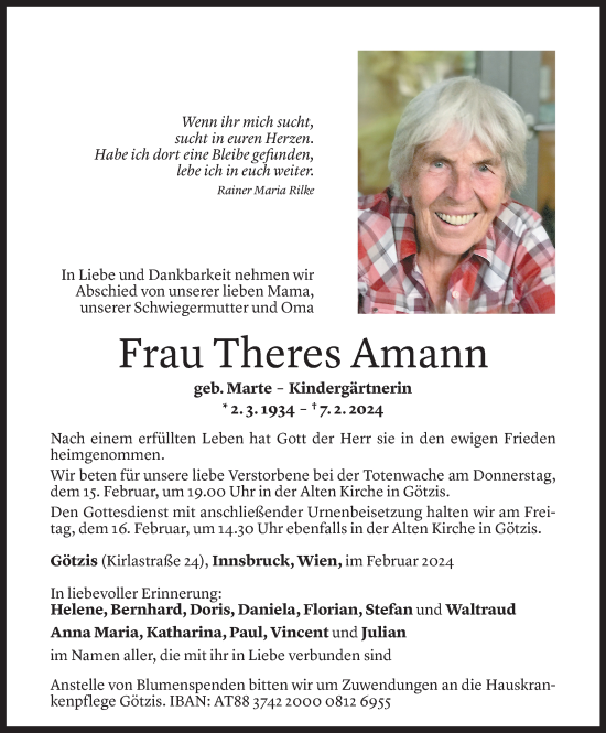 Todesanzeige von Theres Amann von Vorarlberger Nachrichten