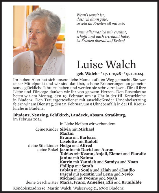 Todesanzeige von Luise Walch von Vorarlberger Nachrichten