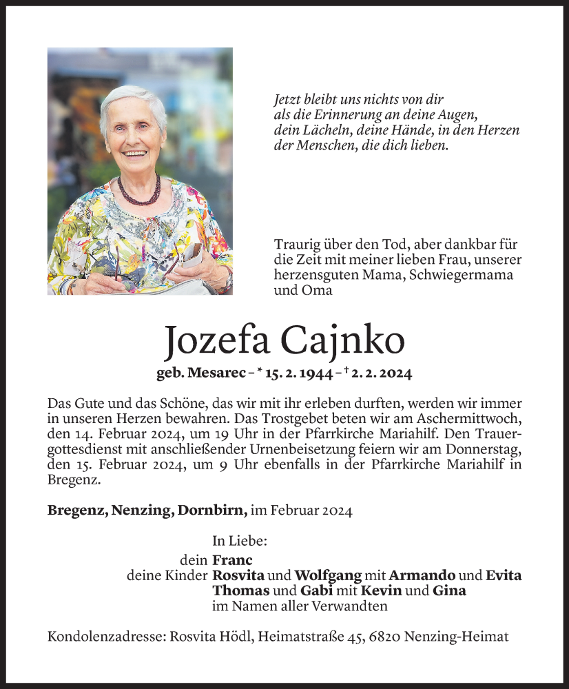  Todesanzeige für Jozefa Cajnko vom 09.02.2024 aus Vorarlberger Nachrichten