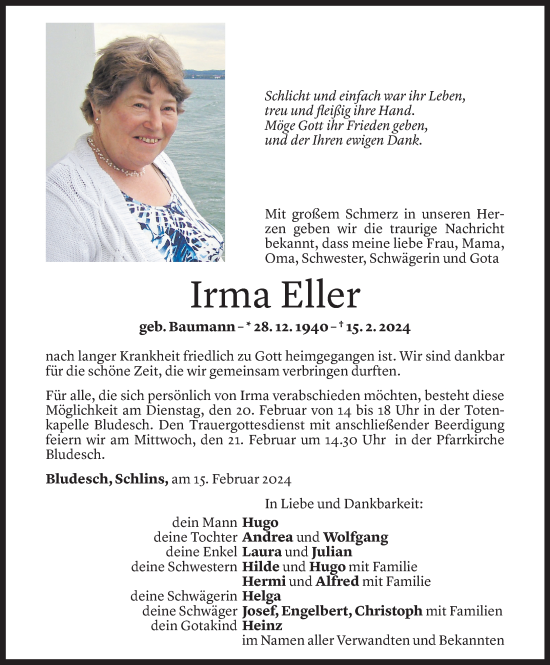 Todesanzeige von Irma Eller von Vorarlberger Nachrichten