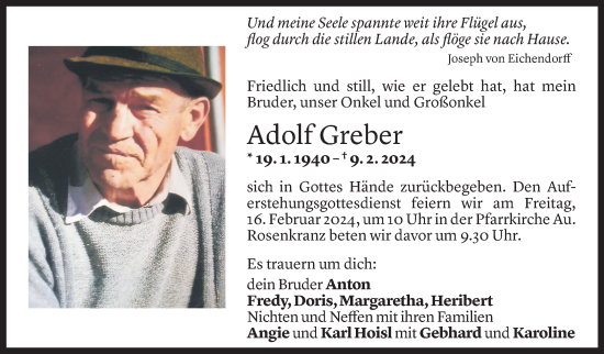 Todesanzeige von Adolf Greber von Vorarlberger Nachrichten