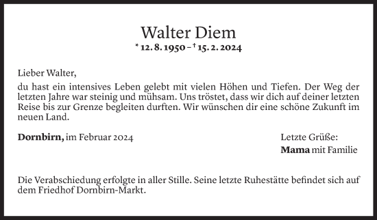 Todesanzeige von Walter Diem von Vorarlberger Nachrichten