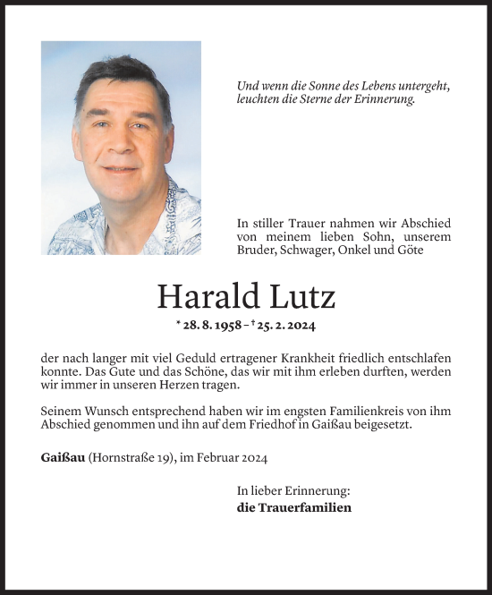 Todesanzeige von Harald Lutz von Vorarlberger Nachrichten