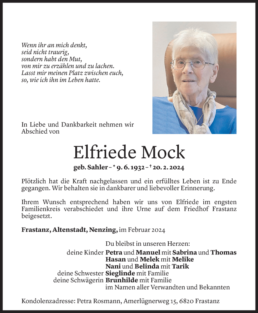  Todesanzeige für Elfriede Mock vom 02.03.2024 aus Vorarlberger Nachrichten