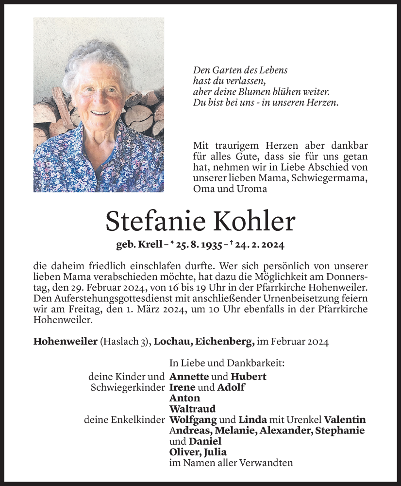  Todesanzeige für Stefanie Kohler vom 28.02.2024 aus Vorarlberger Nachrichten