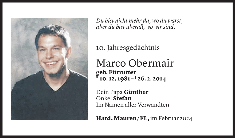  Todesanzeige für Marco Obermair vom 25.02.2024 aus Vorarlberger Nachrichten