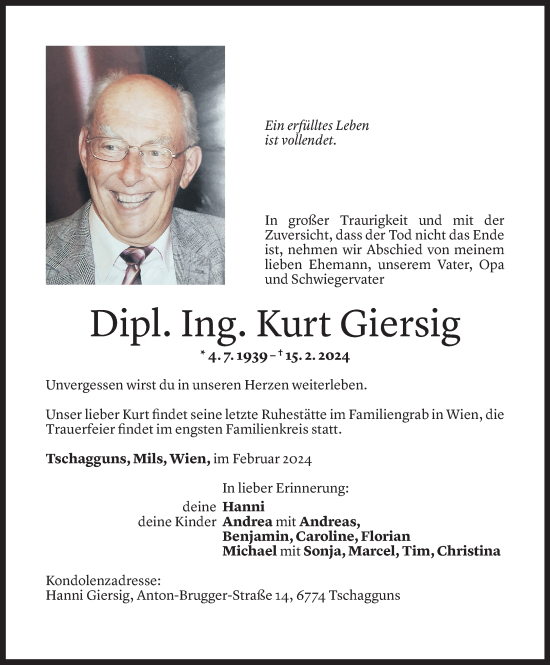 Todesanzeige von Kurt Giersig von Vorarlberger Nachrichten