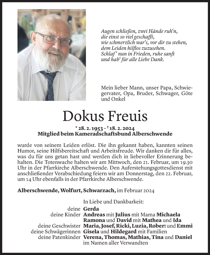  Todesanzeige für Dokus Freuis vom 20.02.2024 aus Vorarlberger Nachrichten
