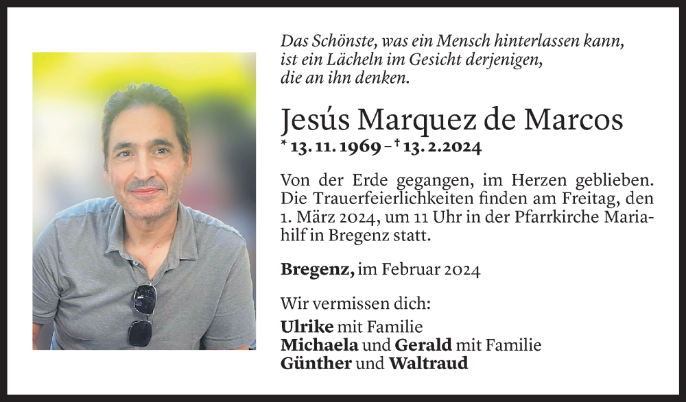  Todesanzeige für Jesús Marquez De Marcos vom 28.02.2024 aus Vorarlberger Nachrichten