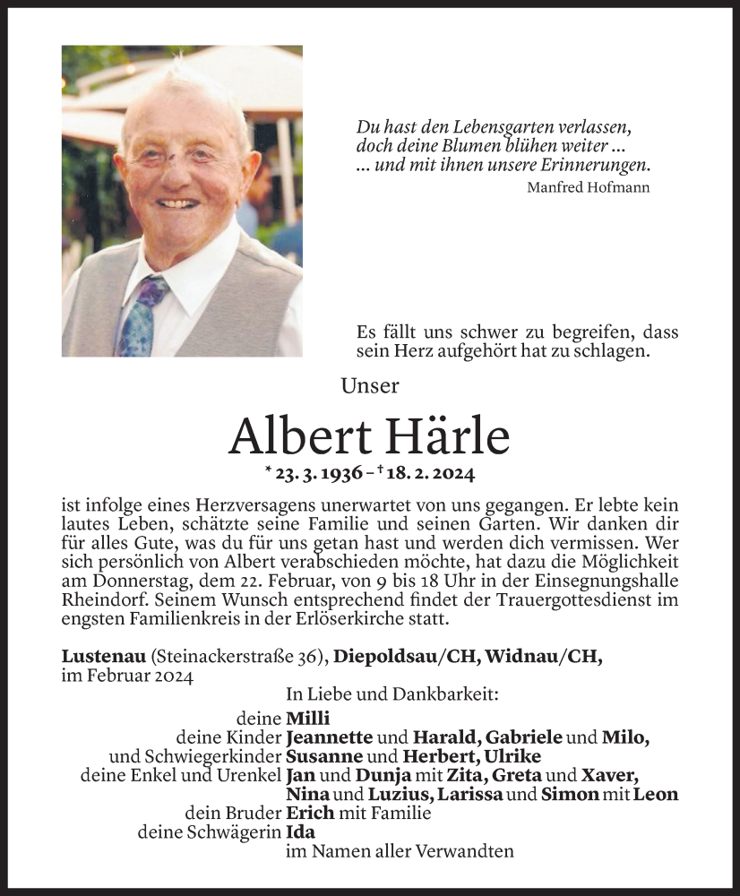  Todesanzeige für Albert Härle vom 21.02.2024 aus Vorarlberger Nachrichten