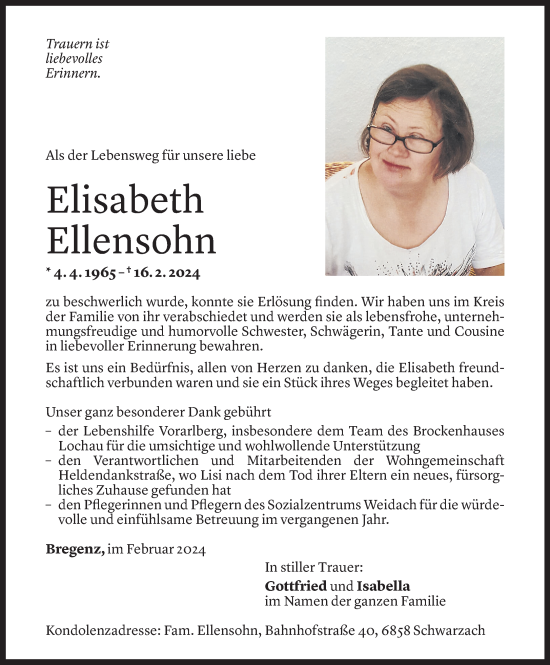 Todesanzeige von Elisabeth Ellensohn von Vorarlberger Nachrichten