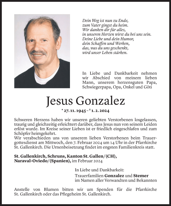Todesanzeige von Jesus Gonzalez von Vorarlberger Nachrichten