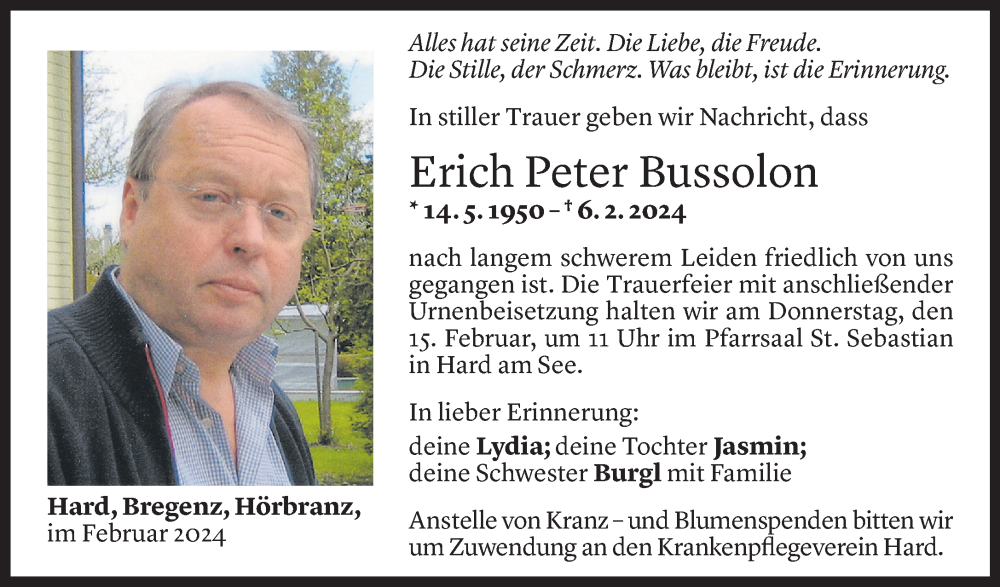  Todesanzeige für Erich Bussolon vom 12.02.2024 aus Vorarlberger Nachrichten