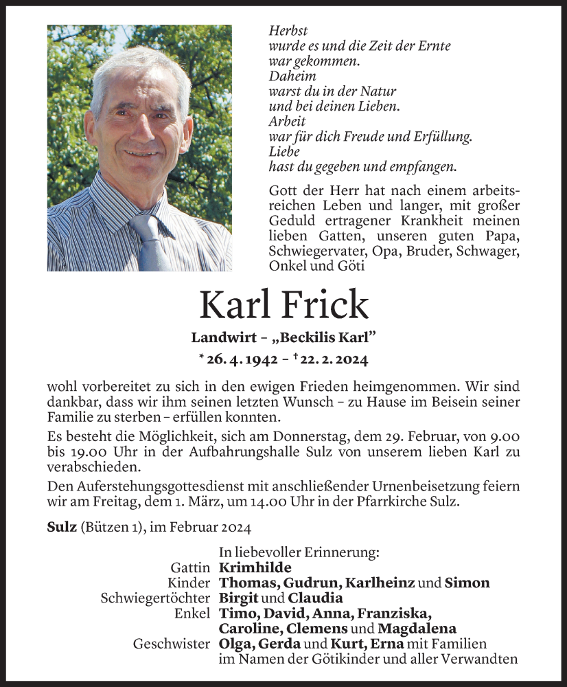 Todesanzeige für Karl Frick vom 27.02.2024 aus VN