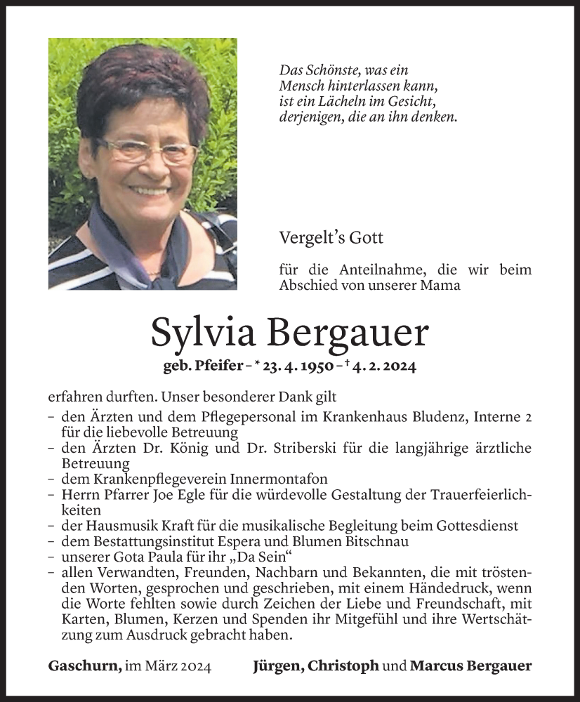 Todesanzeige für Sylvia Bergauer vom 01.03.2024 aus Vorarlberger Nachrichten