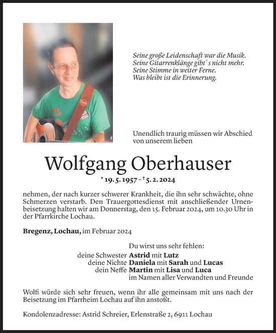 Todesanzeige von Wolfgang Oberhauser von Vorarlberger Nachrichten