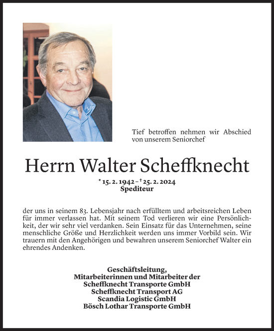 Todesanzeige von Walter Scheffknecht von Vorarlberger Nachrichten