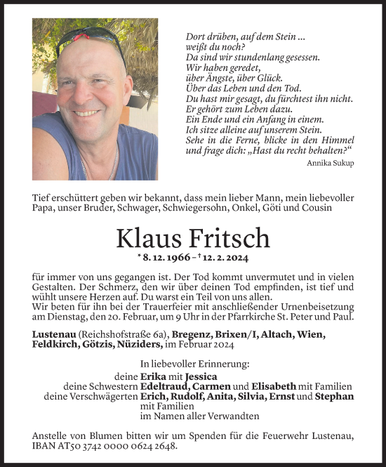 Todesanzeige von Klaus Fritsch von Vorarlberger Nachrichten