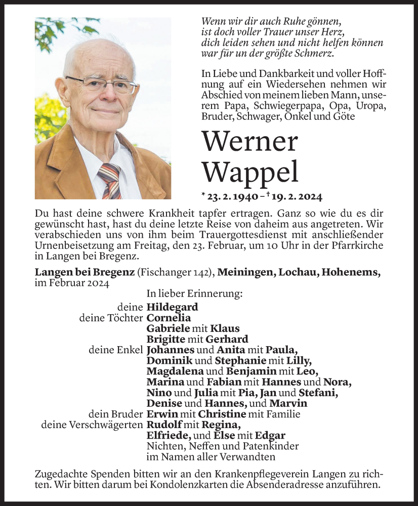  Todesanzeige für Werner Wappel vom 21.02.2024 aus Vorarlberger Nachrichten