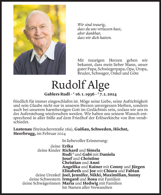 Todesanzeige von Rudolf Alge von Vorarlberger Nachrichten