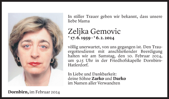 Todesanzeige von Zeljka Gemovic von Vorarlberger Nachrichten