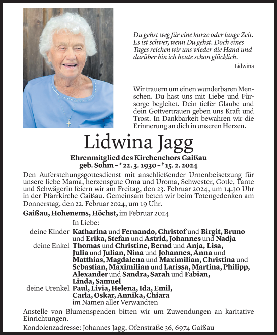 Todesanzeige von Lidwina Jagg von Vorarlberger Nachrichten
