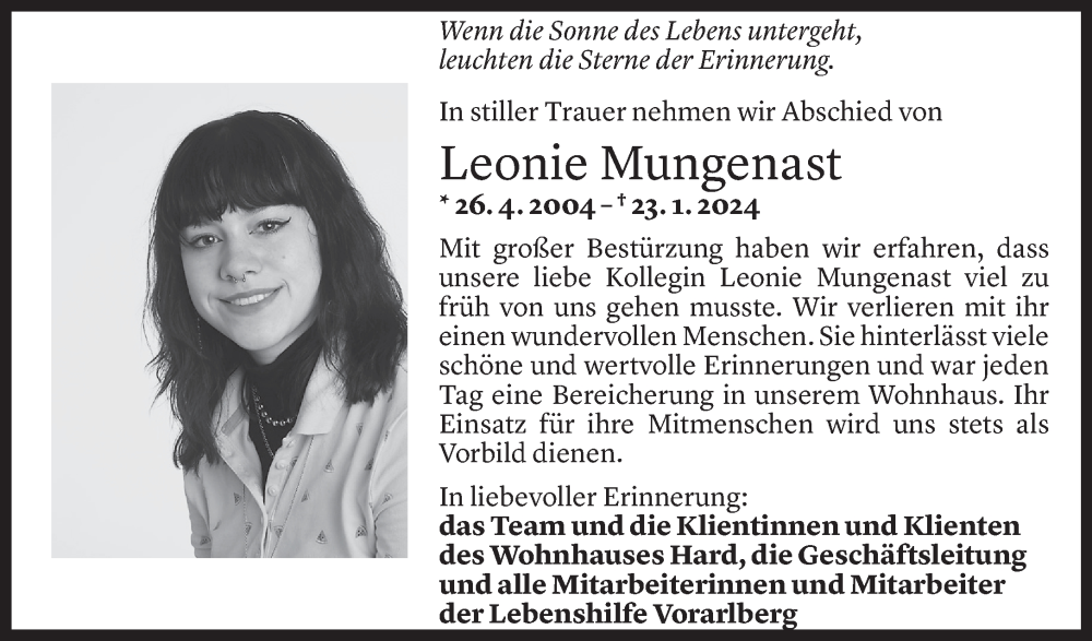  Todesanzeige für Leonie Mungenast vom 02.02.2024 aus Vorarlberger Nachrichten