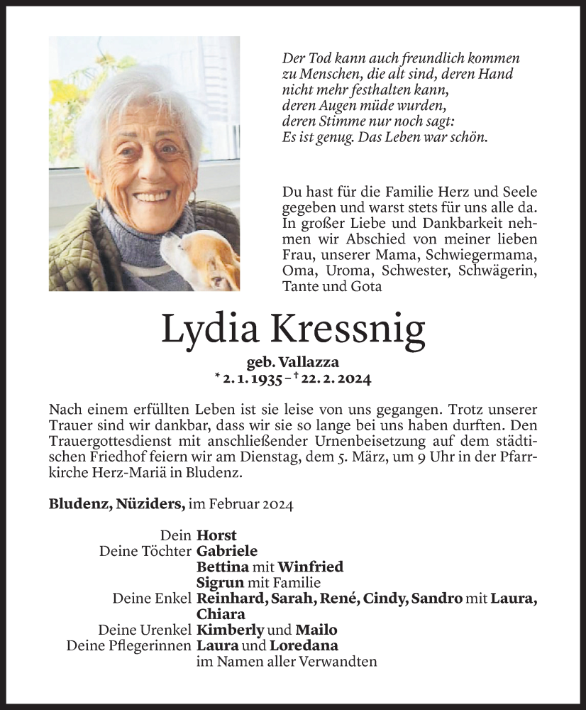  Todesanzeige für Lydia Kressnig vom 29.02.2024 aus Vorarlberger Nachrichten