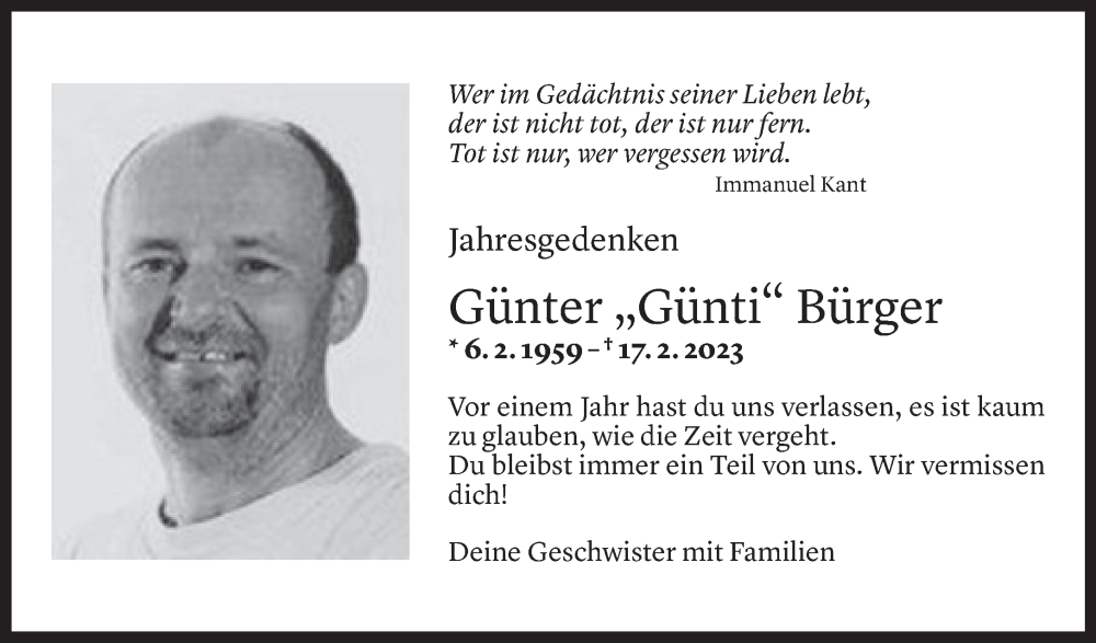  Todesanzeige für Günter Bürger vom 16.02.2024 aus Vorarlberger Nachrichten