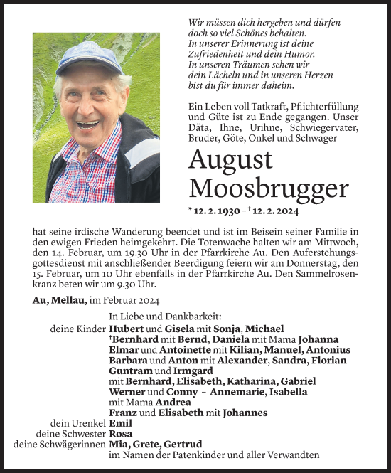 Todesanzeige von August Moosbrugger von Vorarlberger Nachrichten
