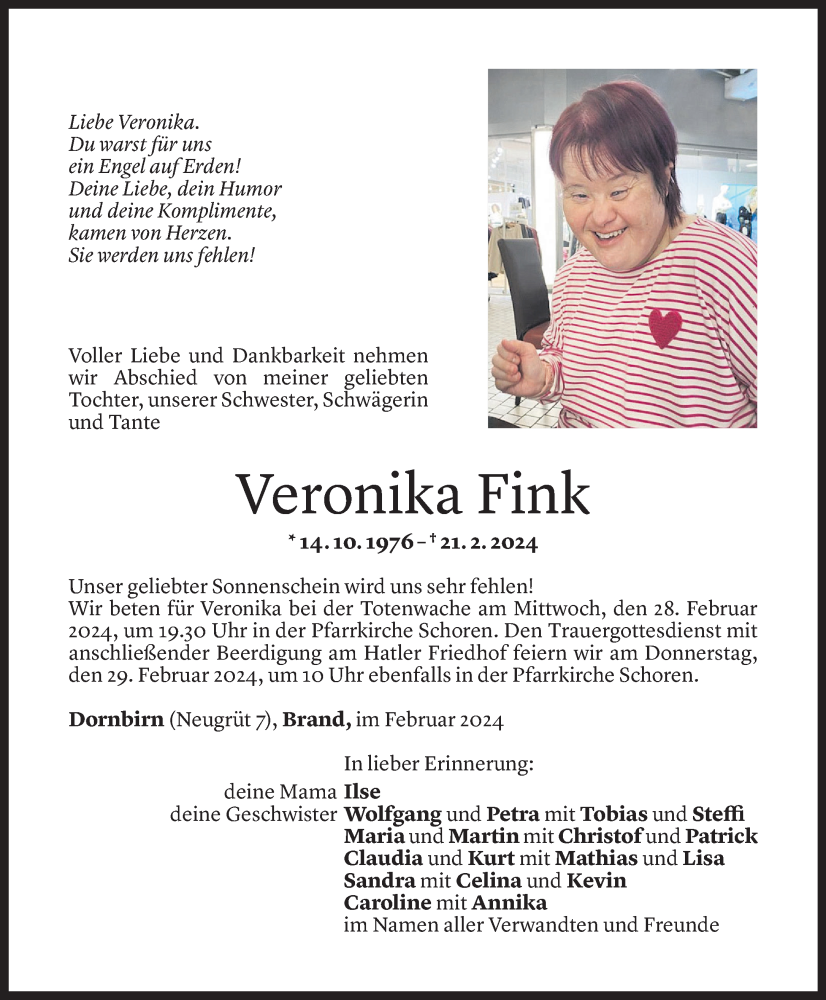  Todesanzeige für Veronika Fink vom 25.02.2024 aus Vorarlberger Nachrichten