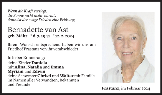 Todesanzeige von Bernadette Van Ast von Vorarlberger Nachrichten