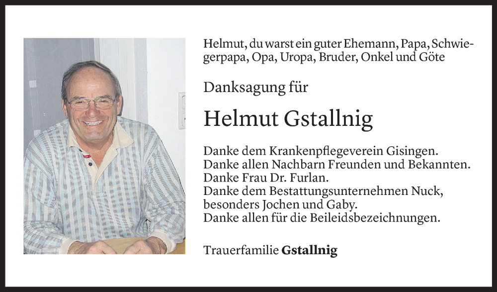  Todesanzeige für Helmut Gstallnig vom 09.02.2024 aus Vorarlberger Nachrichten
